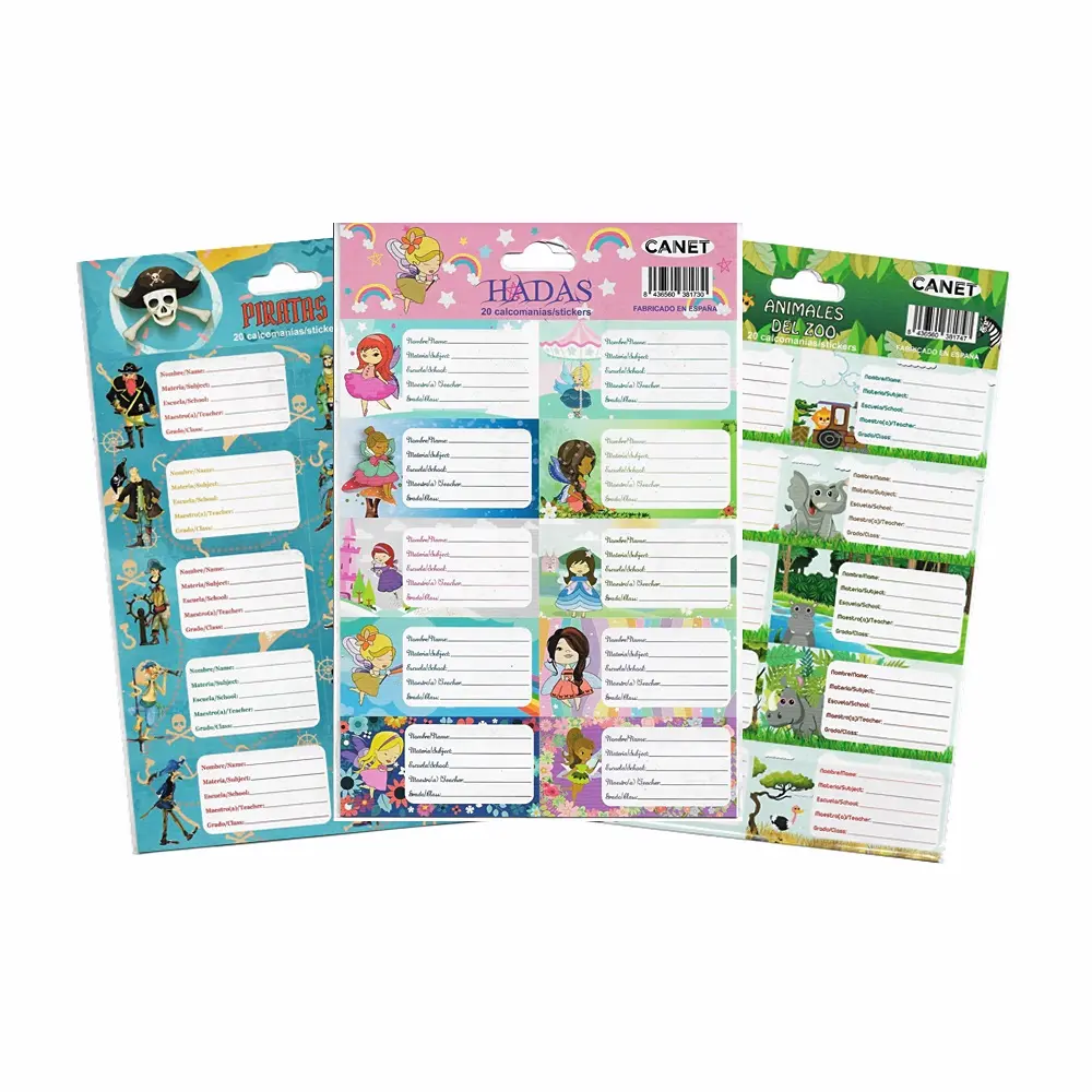 Stickers identificadores cuadernos/libros (Hadas, Piratas, animales)
